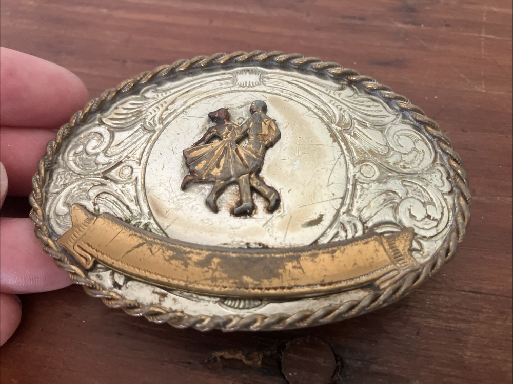 Vintage German Silver Belt Buckle Western Rodeo Square Dancing Couple Texas 3"